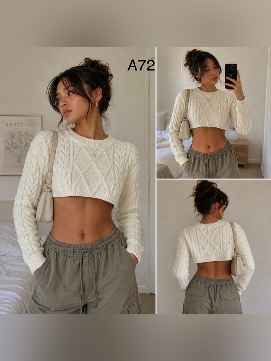 Sweaters - Cropped Cable Knit Sweater - Cream,Size Small
